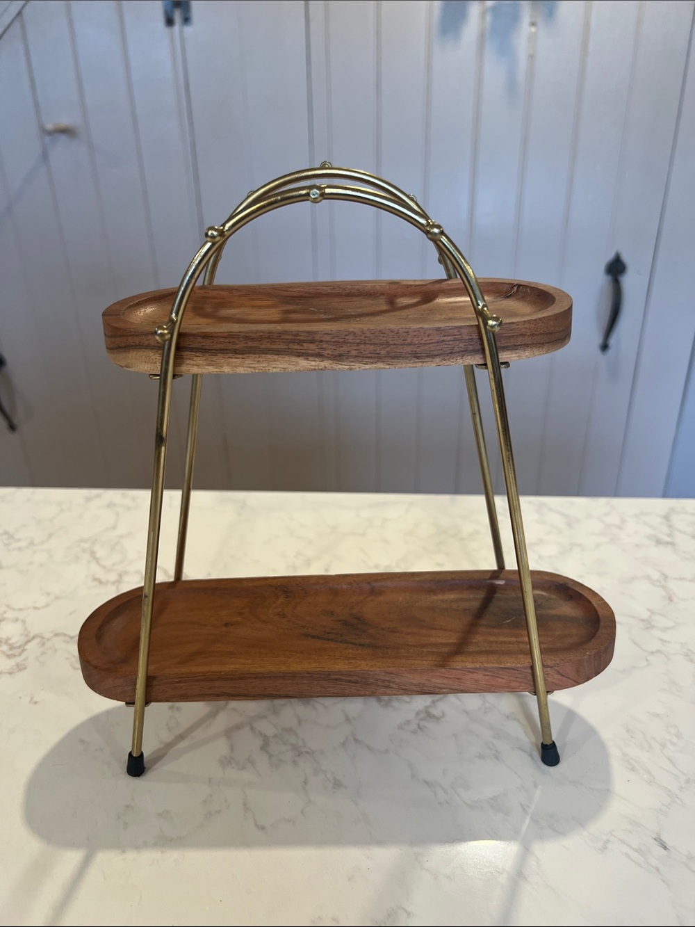 Two-Tier Wood Vanity Tray with Gold Metal Frame - Brown/Gold